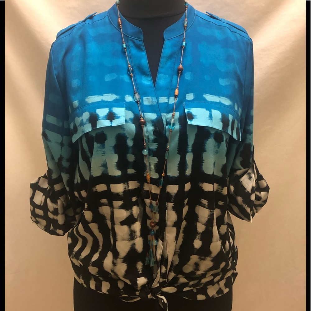 Blue Black & White Long Sleeve Button Down Shirt